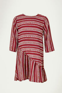 G8119-BURGUNDY Printed Ruffle Mini Swing Dress Back Front