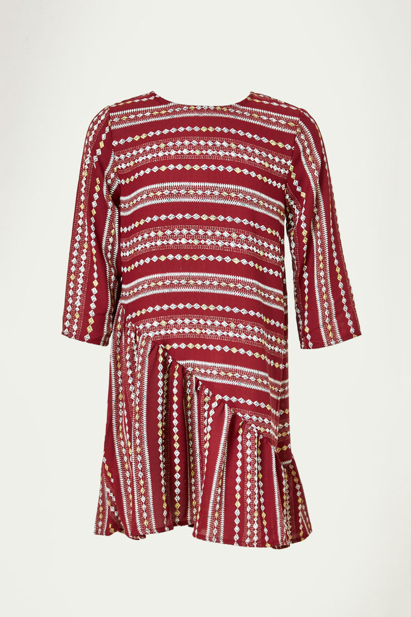 G8119-BURGUNDY Printed Ruffle Mini Swing Dress Back Front