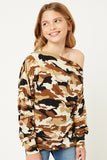 G8161 Taupe Girls Camo Off-Shoulder Zip-Up Knit Top Front