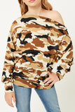 G8161 Taupe Girls Camo Off-Shoulder Zip-Up Knit Top Detail