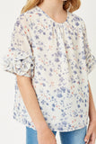 G8176-OFF WHITE Floral Ruffle Sleeve Blouse Front