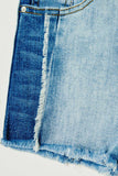 G8230-DENIM Frayed Colorblock Denim Shorts Front Detail