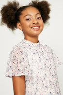 G8232-OFF_WHITE Girls Floral Ruffle Mini Dress Front Detail