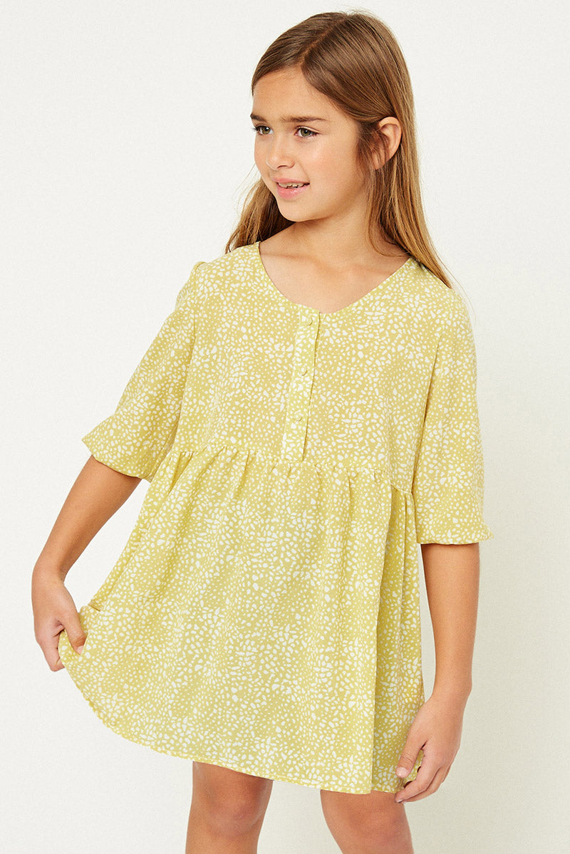 Girls' Buttoned Babydoll Mini Yellow Dress