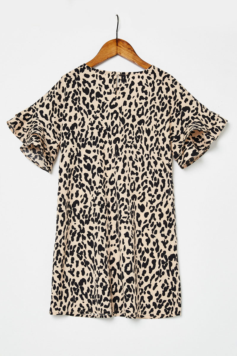 Leopard Ruffle Sleeve Mini Shift Dress