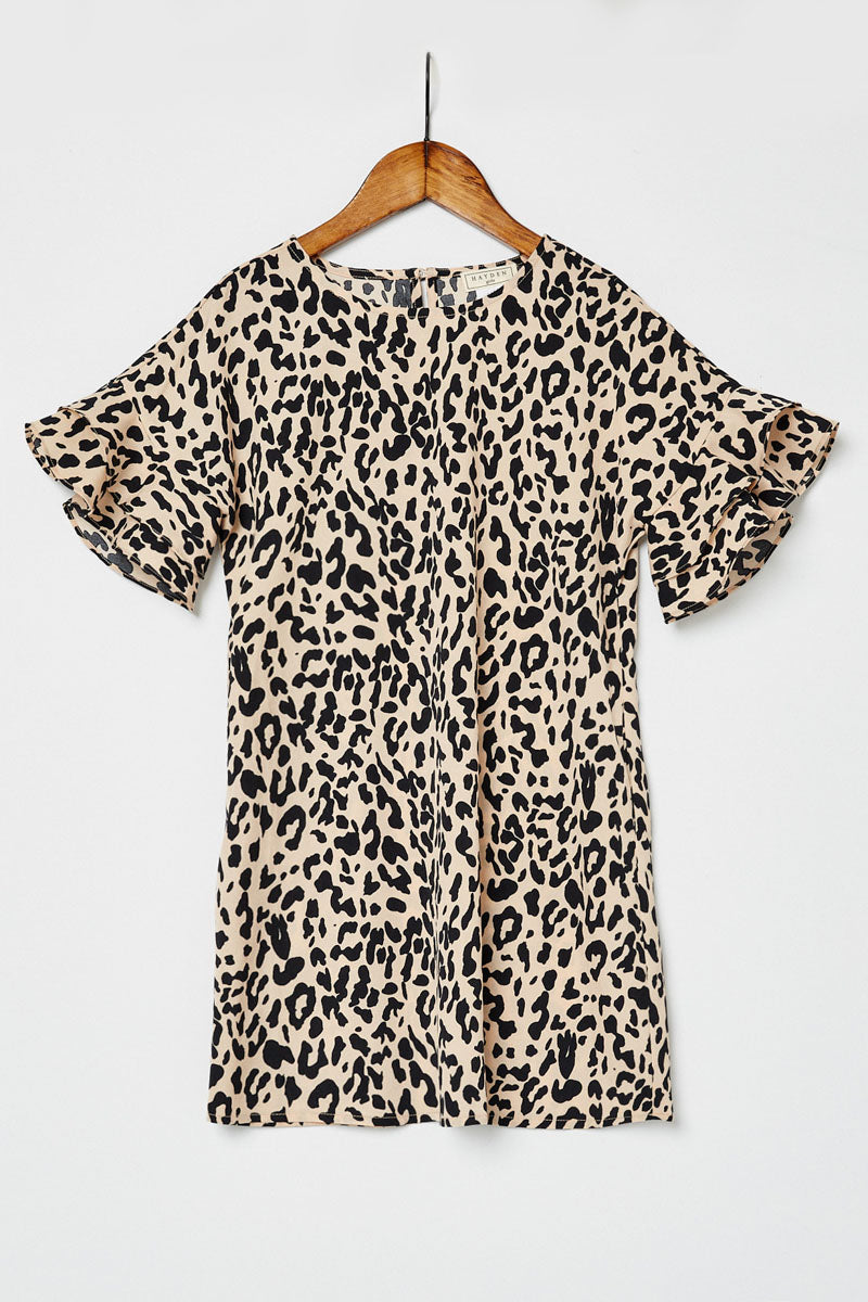 G8261-MAUVE Leopard Ruffle Sleeve Mini Shift Dress Alternate Angle