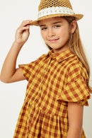 G8263-MUSTARD Gingham Ruffle Mini Dress Detail
