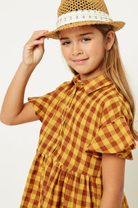 G8263-MUSTARD Gingham Ruffle Mini Dress Detail