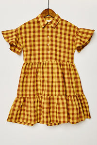 G8263-MUSTARD Gingham Ruffle Mini Dress Front Falt