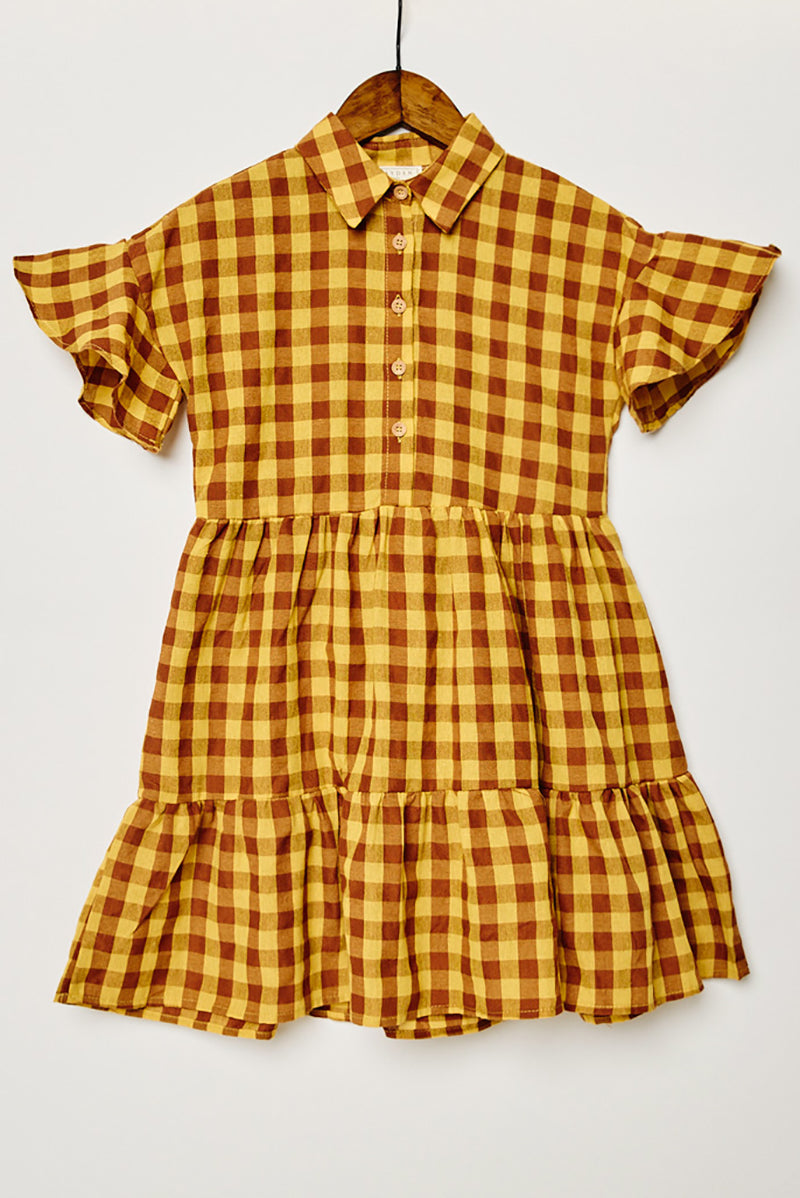 G8263-MUSTARD Gingham Ruffle Mini Dress Front Falt