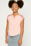 G8267-CORAL Embroidered V-Neck T-Shirt Front