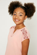 G8267-CORAL Embroidered V-Neck T-Shirt Front Detail