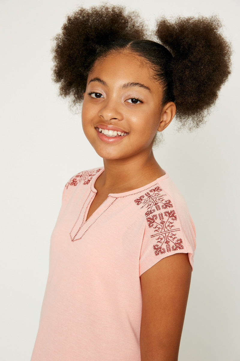 G8267-CORAL Embroidered V-Neck T-Shirt Front Detail