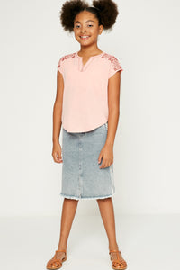 G8267-CORAL Embroidered V-Neck T-Shirt Full