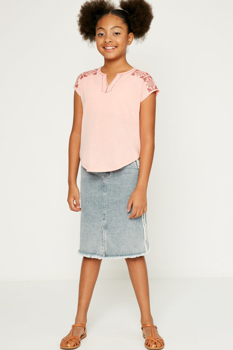 G8267-CORAL Embroidered V-Neck T-Shirt Full