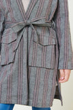 G9047-BLACK Herringbone Stripe Trench Coat Front Detail