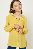G9055-YELLOW Button-Down Ruffle Collar Top Front
