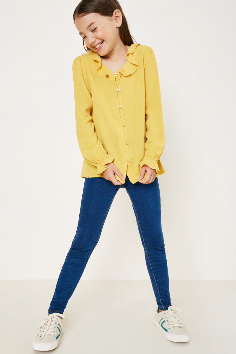 G9055-YELLOW Button-Down Ruffle Collar Top Alternate Angle