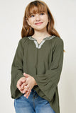 G9078-OLIVE Embroidered Bell Sleeve Tunic Top Front