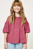 G9127-PLUM Plaid Ruffle Puff Sleeve Top Front