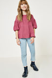 G9127-PLUM Plaid Ruffle Puff Sleeve Top Alternate Angle