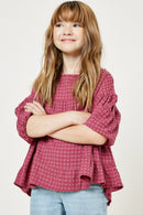 G9127-PLUM Plaid Ruffle Puff Sleeve Top Alternate Angle