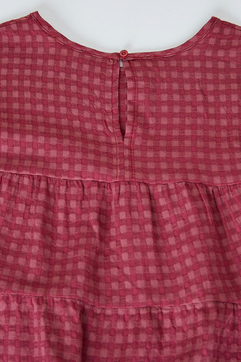 G9127-PLUM Plaid Ruffle Puff Sleeve Top Back Detail