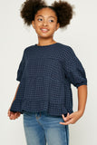 G9127-TEAL Plaid Ruffle Puff Sleeve Top Front