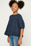 G9127-TEAL Plaid Ruffle Puff Sleeve Top Side