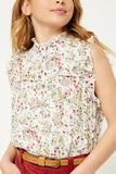 G9204-OFF WHITE Floral Ruffle Button-Down Top Front Detail