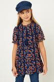 G9214-NAVY Floral Tassel-Tie Tunic Top Front