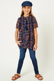G9214-NAVY Floral Tassel-Tie Tunic Top Alternate Angle