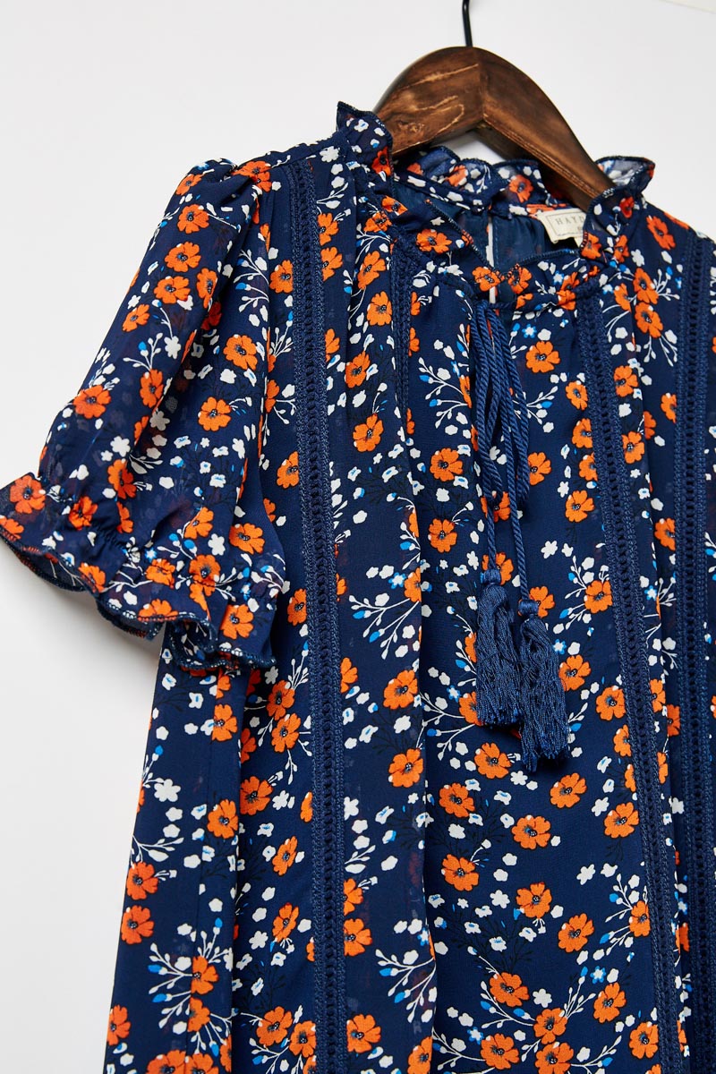G9214-NAVY Floral Tassel-Tie Tunic Top Alternate Angle
