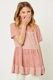 G9242-PINK Knit Tiered T-Shirt Mini Dress Front