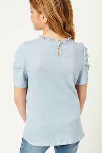 G9246-BLUE Ruffle High Neck Puff Sleeve Top Back