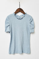 G9246-BLUE Ruffle High Neck Puff Sleeve Top Alternate Angle