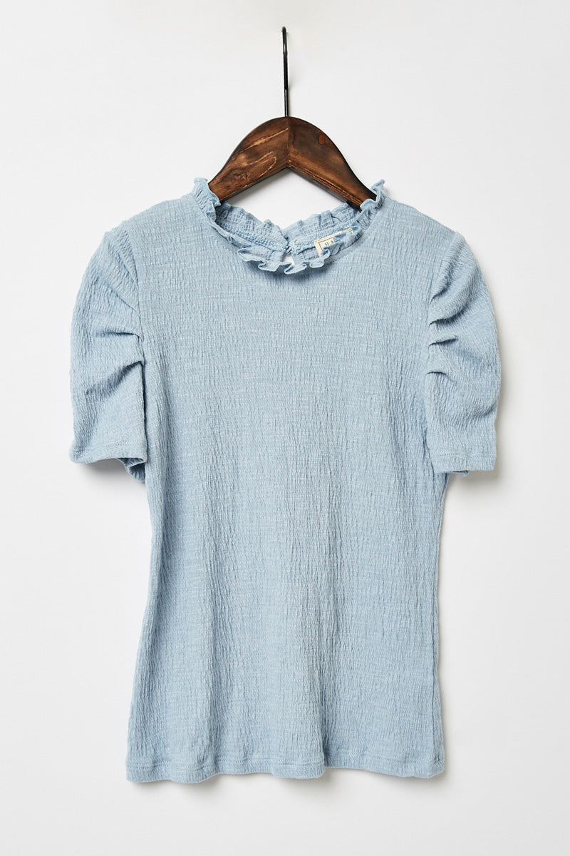 G9246-BLUE Ruffle High Neck Puff Sleeve Top Alternate Angle