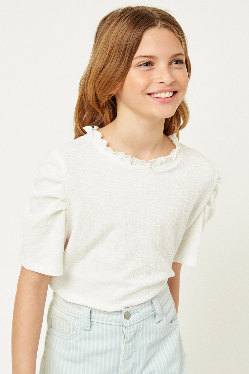 Ruffle High Neck Puff Sleeve Top