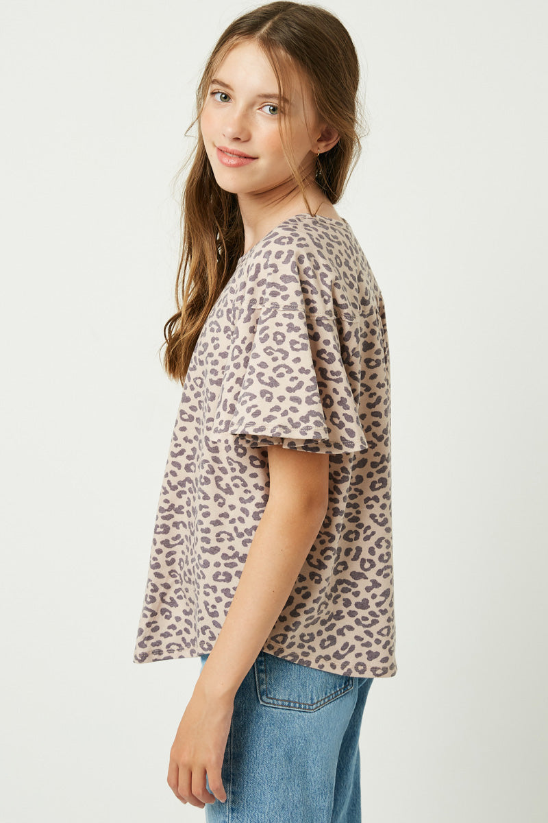 G9260 Taupe Girls Stone Washed Leopard Tee Side