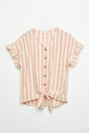 G9275 TAUPE Stripe Linen Button-Down Top Detail