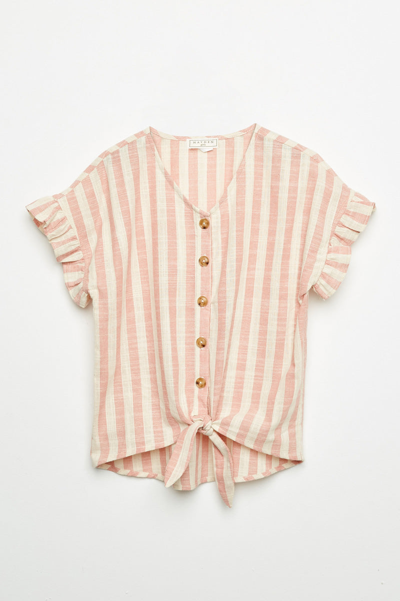 G9275 TAUPE Stripe Linen Button-Down Top Detail