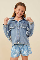 GB0001 Light Denim Girls Fringed Detail Denim Jacket Front