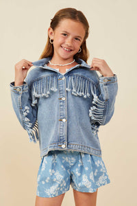 GB0001 Light Denim Girls Fringed Detail Denim Jacket Front