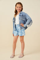GB0001 Light Denim Girls Fringed Detail Denim Jacket Pose