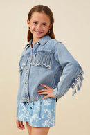GB0001 Light Denim Girls Fringed Detail Denim Jacket Side