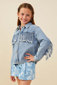 GB0001 Light Denim Girls Fringed Detail Denim Jacket Side