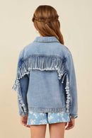 GB0001 Light Denim Girls Fringed Detail Denim Jacket Back
