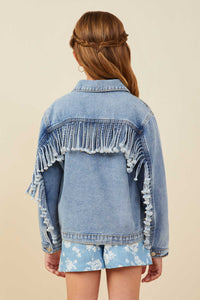 GB0001 Light Denim Girls Fringed Detail Denim Jacket Back