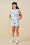 GB0092 Blue Girls Patch Pocket Seersucker Gingham Shorts Pose