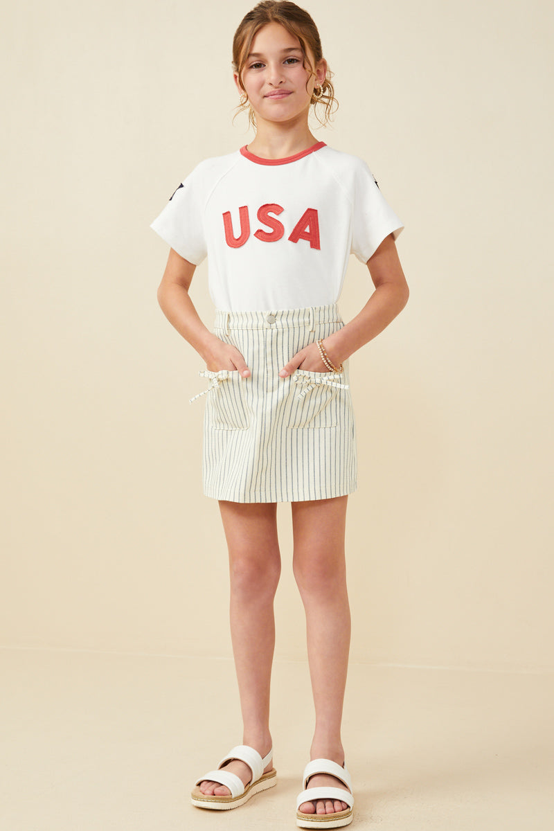 Ribbon Detail Pinstripe Twill Skirt